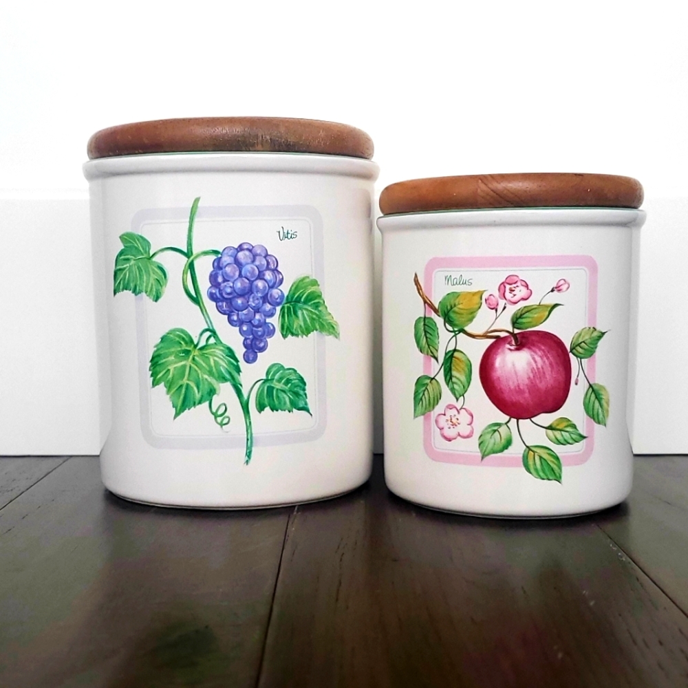VTG Kitchen Canister Set Countertop Food Storage Bamboo Lid Fruit Design Vines